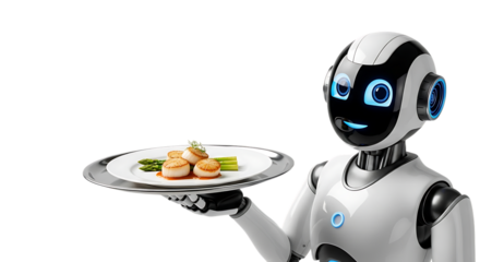 Transparent White robot holding plate of scallops and asparagus