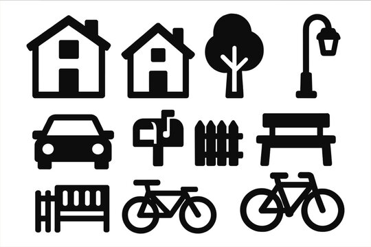 Bold Neighborhood Icons. Neighborhood icon set in silhouette bold style. Contain houses, tree, street lamp, car, mailbox, fence, park bench, bicycle