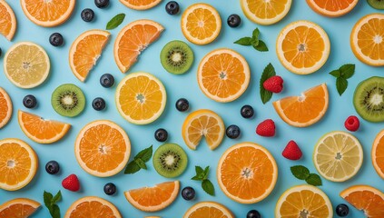 Fresh fruits arranged in a colorful pattern against a light blue backdrop