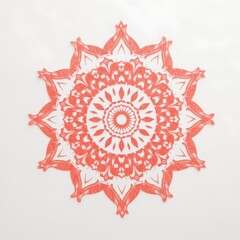 An intricate and captivating Mandala design in vibrant coral color. The mandala is full of detailed patterns and shapes, exuding a sense of peace and meditation