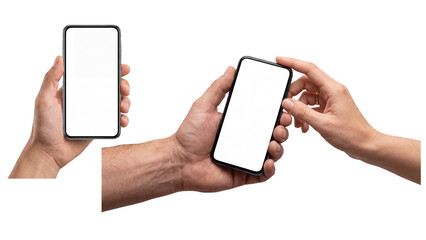 Two human hands holding modern smartphones with blank white screens, isolated on transparent background, realistic mobile phone mockup for app interface presentation, advertising design.