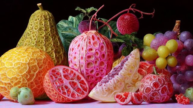 A Captivating Display of Intricately Carved and Colorful Fruits Showcasing the Beauty of Nature's Designs in Vibrant Colors and Unique Patterns Arranged Aesthetically