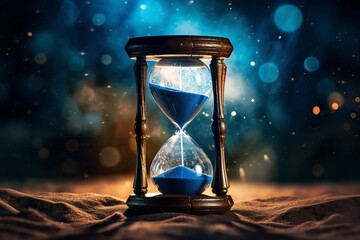 Hourglass with blue sand flowing, representing time, deadlines, and deadlines against a bokeh background
