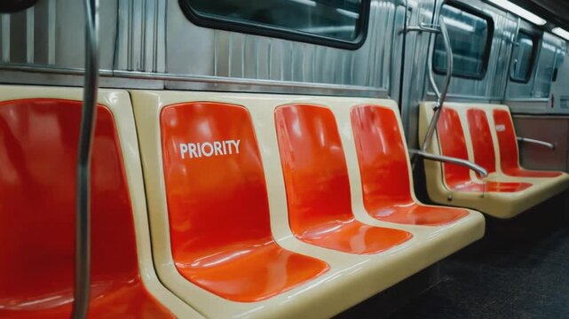 Priority sign on the subway seat. Priority seat.