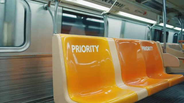 Priority sign on the subway seat. Priority seat.