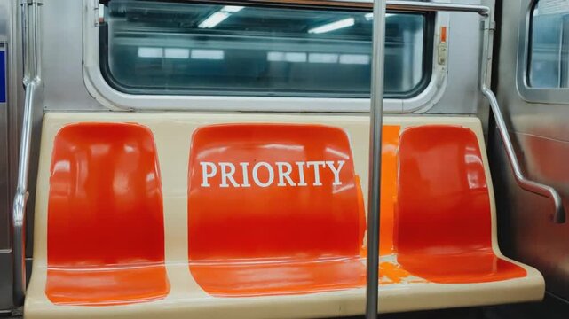 Priority sign on the subway seat. Priority seat.