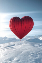 celebrate mothers valentines day wedding with heart shaped red hot air balloon floating over snowy mountain, winter landscape, love, passion, romance, romantic, portrait, photorealistic