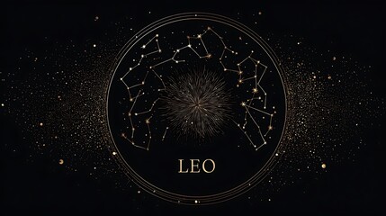 Golden zodiac sign art featuring the constellation of Leo on a dark background