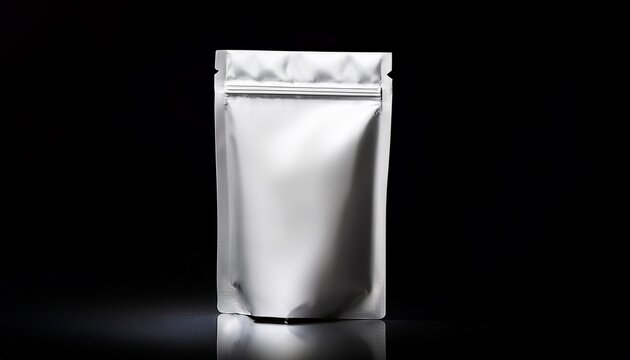 a vertically oriented shiny white pouch stands against a stark black background