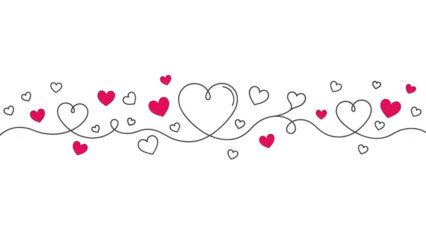 Continuous line hearts with delicate pink paper cutout design isolated on white a transparent background
