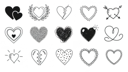 Doodle heart collection sketchy designs and patterns isolated on white a transparent background