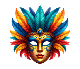 Vibrant masquerade mask with colorful feathers and ornate design on PNG White Background