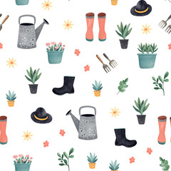 Gardening seamless pattern design. Spring print with big flowers and gardening objects for fabrics, clothes, wallpaper, wrapping paper, branding