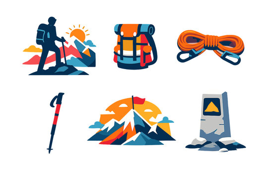 Hiker's Minimalist Journey. Adventure peaks vector set in modern flat style : hiker silhouette, backpack, climbing rope, trekking pole, summit view, milestone marker