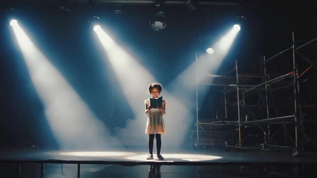 Child reading the theater script on stage.