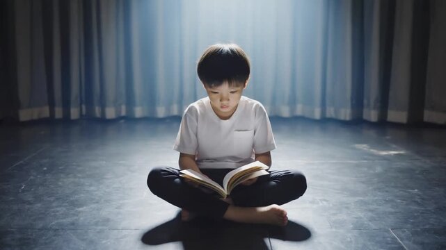 Child reading the theater script on stage.