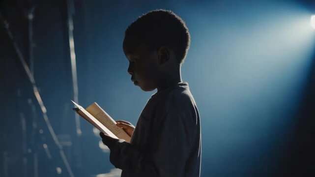 Child reading the theater script on stage.