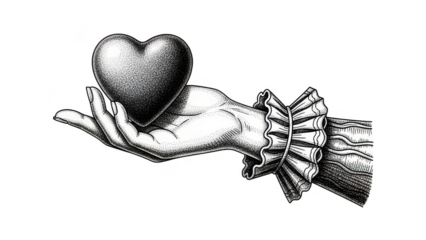 Hand of caucasian young woman holding black heart over isolated white background