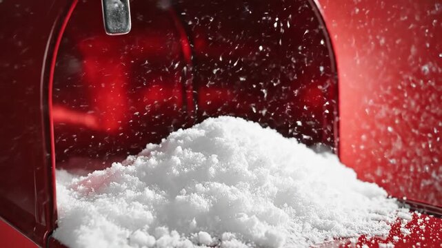 Close-up of snow filling a red holiday mailbox. Winter concept for Christmas mail and seasonal greetings