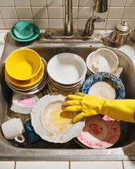 Confronting the Chaos: Yellow Gloved Hand Reaching into Pile of Dirty Dishes in Sink Symbolizing Chores Exhaustion and Daily Grind