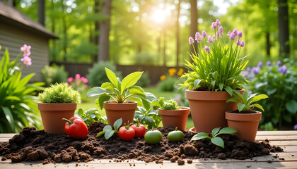Vibrant spring gardening workspace with potted plants and soil, nurturing growth