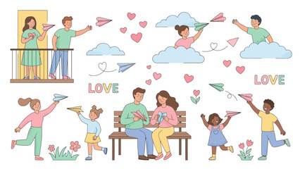 Fototapeta premium Diverse Happy People Sending Paper Planes and Love Messages. Cartoon Vector Set of Family, Kids, and Couples Communicating Affection.