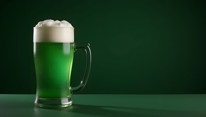 Green beer mug with foam on dark background, St. Patrick's Day celebration