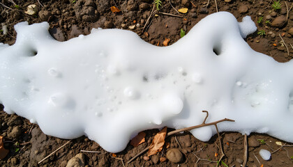 Foamy patches on wet soil in early spring landscape, nature's renewal