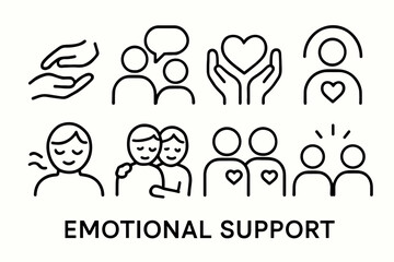 Empathy Icon Collection. Emotional Support set in outline vector style: empathy hands, conversation bubble, caring gesture, heart connection, supportive arc,