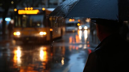 Urban Commuter Waiting at Bus Stop in Rain with Dripping Umbrella and Headlights Reflection on Wet Pavement