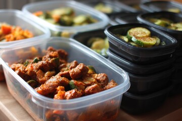 Organized Meal Prep Sunday with Plastic Containers Stacked Full of Identical Food