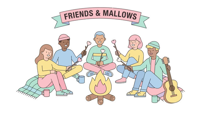 Cozy Friends Roasting Marshmallows by a Campfire Illustration. Diverse Youth Group enjoying Outdoor Summer Camping and Music.