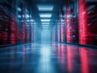Futuristic data center corridor with vibrant red and blue server racks reflecting on polished floor under cool ceiling lights in a high-tech facility