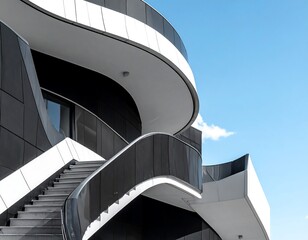 Modern curved building with black panels, white trim, and concrete stairs under a blue sky