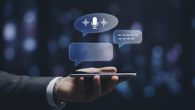 Businessman interacting with smartphone voice assistant technology - Powered by Adobe