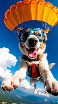 Dog with goggles wearing parachute jumping with blue skies and clouds in the background for adventure sports