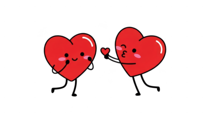 Two cute cartoon hearts with happy faces, holding love hands isolated on white a transparent background