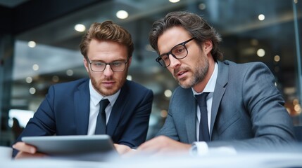 Two business professionals, one with glasses, are collaborating on a digital tablet in a modern office environment, showcasing teamwork and strategic planning in a corporate setting