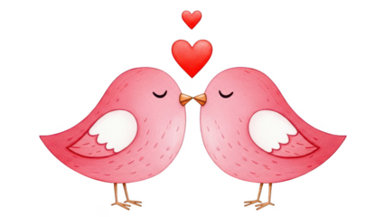 Two pink birds kissing with hearts above isolated on white a transparent background