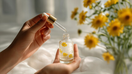 Fototapeta premium Hands holding a glass dropper bottle filled with floral essence, surrounded by vibrant yellow flowers, showcasing natural beauty and skincare in a serene setting