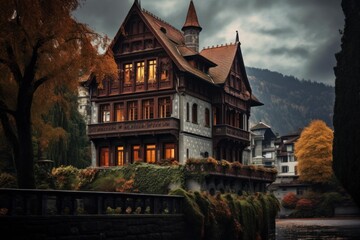 Obraz premium European architecture standing by a lake during a moody fall evening