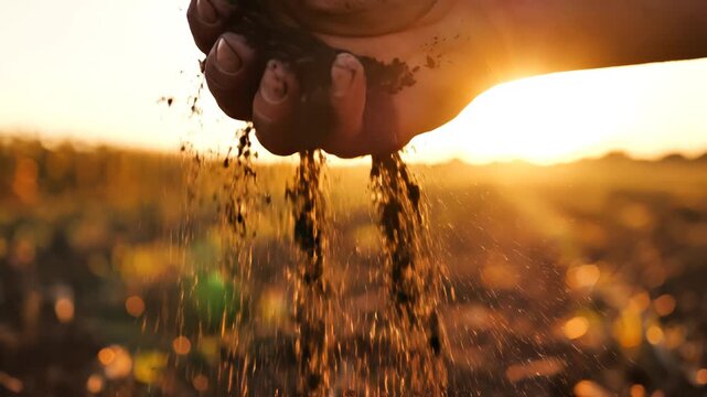 Hand holding soil with sunlight