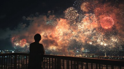 Solitude and Spectacle - Person Enjoying Fireworks Display Alone on Balcony at Night