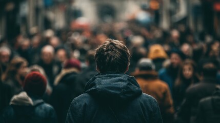 Alone in the Crowd: A Person Walking Through a Bustling Street with Isolation