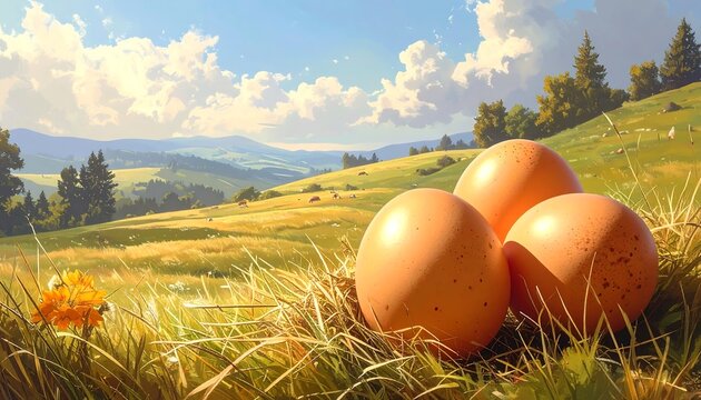 Three brown eggs nestled in hay, with a vibrant meadow and rolling hills bathed in sunlight. A lovely pastoral scene