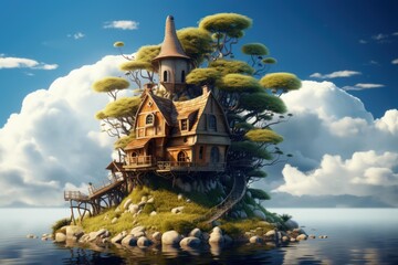 Fototapeta premium Treehouse village on a floating island surrounded by water and clouds