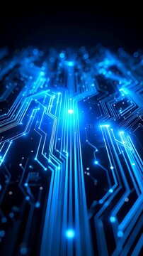 Abstract blue illuminated electronic circuit board background with glowing lines, networks, and connections