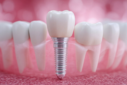 Detailed 3d illustration of a dental implant surrounded by natural teeth embedded in pink gums showcasing modern tooth replacement technology and oral health care co