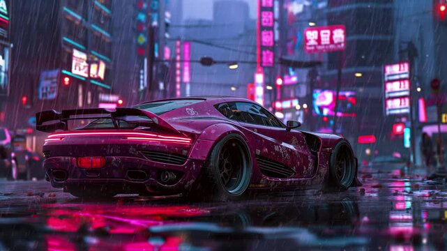 Sleek sports car glides through neon-lit urban street in rain video LoFi animation, ai generated. Cyberpunk drift in chinese nightscape. Animated Lo-Fi 4K motion graphics with floating dust particles