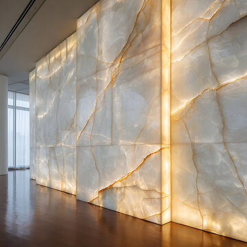 Opulent architectural design detail featuring a massive, brightly illuminated onyx stone wall section with dramatic gold veining and warm glow over a polished wooden floor for